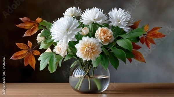 Fototapeta A bouquet with delicate blooms and warm-toned foliage sits in a glass jar on a wooden tabletop, illuminated by natural light