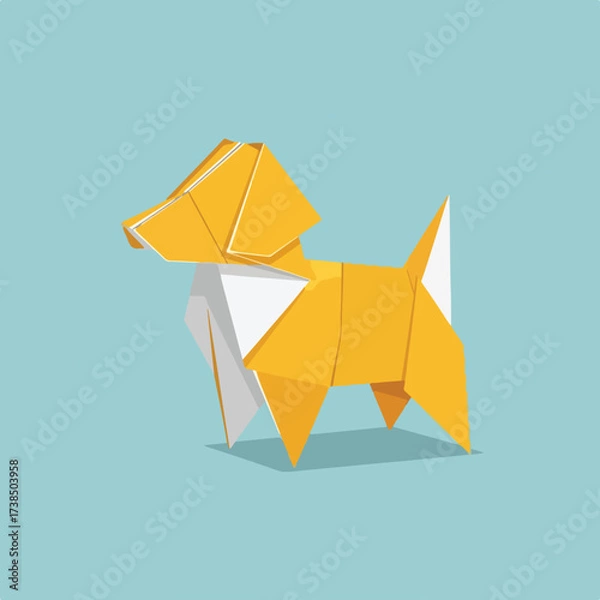 Obraz Origami Golden Dog on Light Blue Background Minimalist Paper Art Design