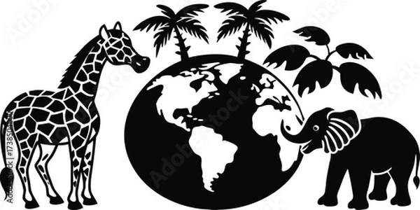 Fototapeta Giraffe silhouette globe with wild animals and nature vector illustration