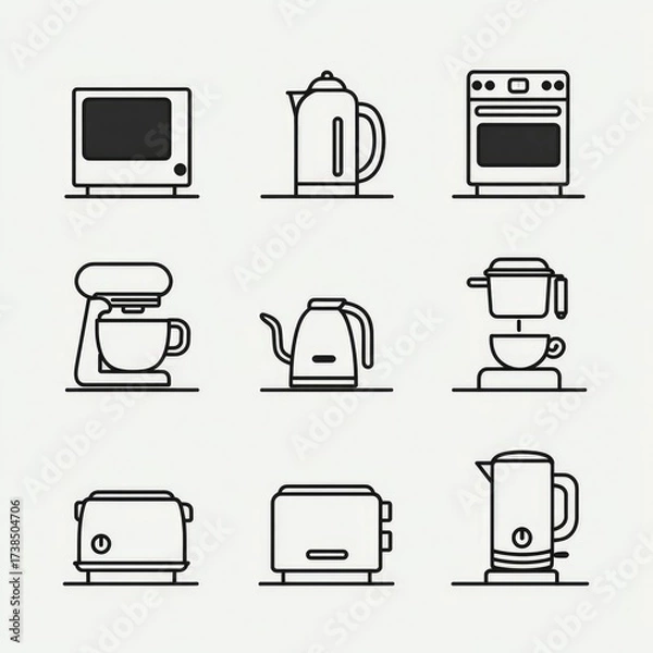 Obraz Flat Line Icon Set of Modern Kitchen Appliances. Oven, Mixer, Toaster, Microwave, and Kettle.