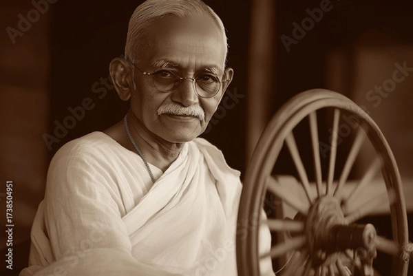 Fototapeta happy elderly man, mahatma gandhi on light background	
