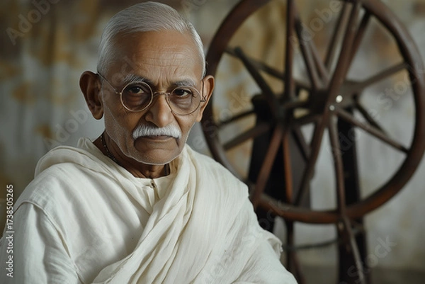 Fototapeta happy elderly man, mahatma gandhi on light background	
