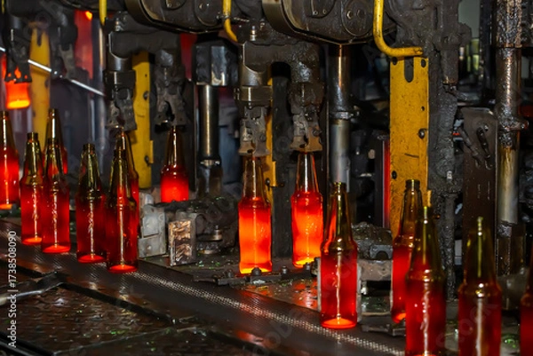 Fototapeta Glass factory, production of glass containers. Molten glass is blown into molds. Robotics in industry. Modern technologies, robotic machines produce products. Technological work at the plant.