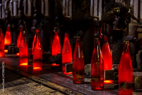 Fototapeta Glass factory, production of glass containers. Molten glass is blown into molds. Robotics in industry. Modern technologies, robotic machines produce products. Technological work at the plant.