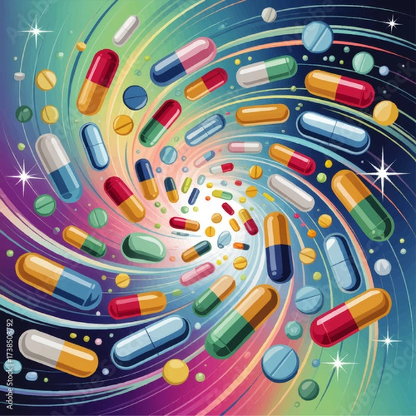 Obraz Colorful Capsules and Pills Swirling in Vortex, Medical Pharmacy Concept, Futuristic Healthcare Abstract Illustration