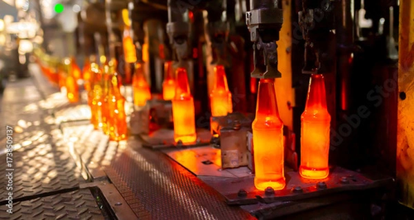 Fototapeta Glass factory, production of glass containers. Molten glass is blown into molds. Robotics in industry. Modern technologies, robotic machines produce products. Technological work at the plant.