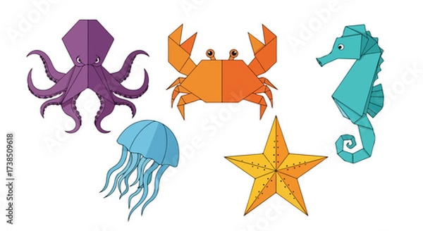 Obraz Origami Sea Creatures Collection Octopus Crab Seahorse Jellyfish Starfish Geometric Vector Art