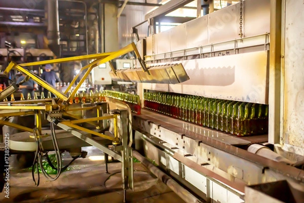 Fototapeta Glass factory, production of glass containers. Molten glass is blown into molds. Robotics in industry. Modern technologies, robotic machines produce products. Technological work at the plant.