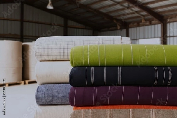 Fototapeta Stacked rolls of various striped and checked fabrics in a warehouse setting showcase diverse textile textures and colors