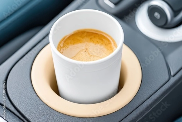 Fototapeta A cup of espresso sits in a car's cup holder, perfect for a quick caffeine boost on the go