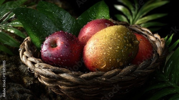 Fototapeta A basket of red apples and yellow mangoes, with water droplets on the fruit, surrounded by green leaves on a dark background, product photography.