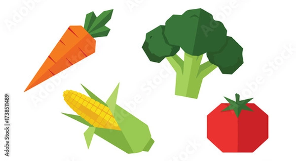 Obraz Flat Design Geometric Vegetables Illustration Fresh Carrot Broccoli Corn and Tomato for Healthy Eating Concepts