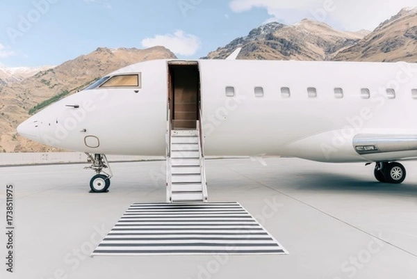 Fototapeta A private jet stands on a tarmac, its steps deployed against a dramatic mountain backdrop