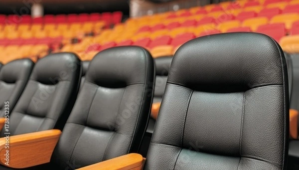 Fototapeta Rows of empty black leather seats in an auditorium await an audience