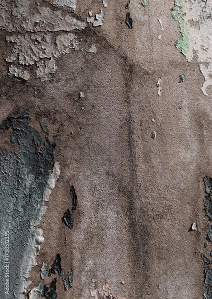 Fototapeta Close-up of old peeling paint on a wall surface. Weathered, cracked and flaking layers create a textured and distressed background.