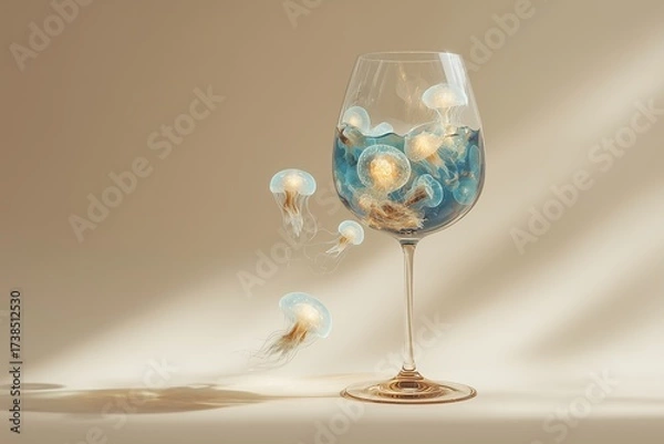 Fototapeta Jellyfish swimming in a glass with blue water creating a surreal underwater scene at sunset