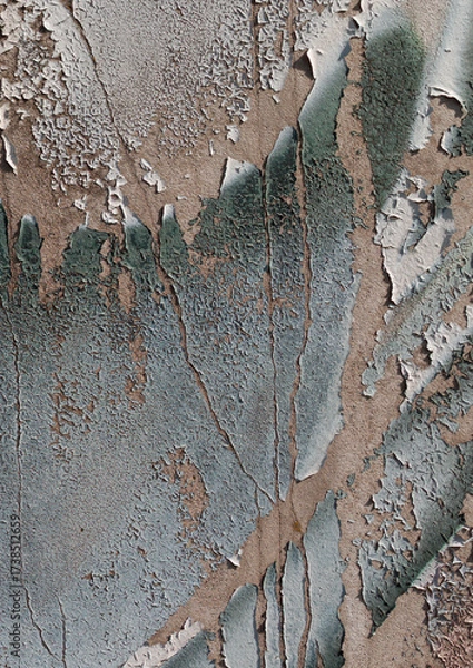 Fototapeta Close-up of old peeling paint on a wall surface. Weathered, cracked and flaking layers create a textured and distressed background.