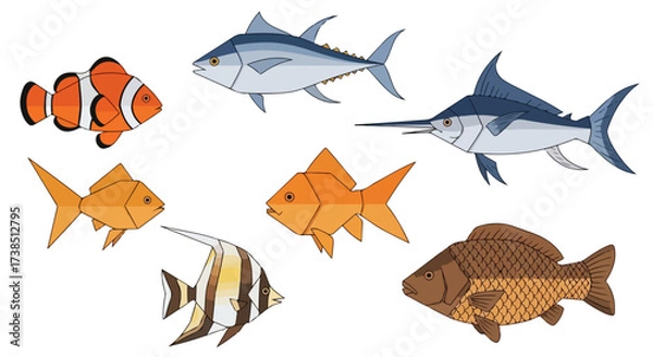 Obraz Diverse Collection of Artistic Fish Illustrations Clownfish Tuna Swordfish Goldfish Moorish Idol and Carp