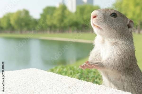 Fototapeta A cute rodent, possibly a prairie dog, sits on a ledge overlooking a tranquil park and lake, gazing upwards with curious expression