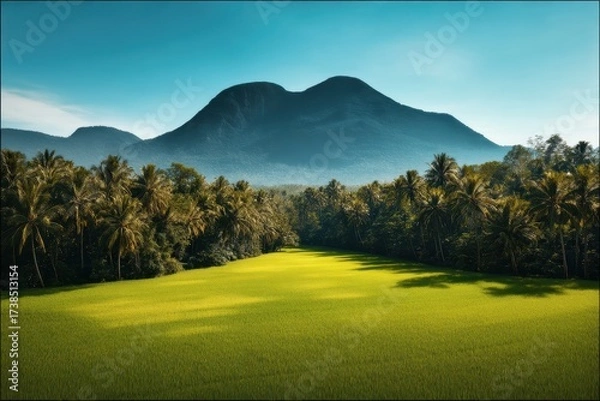 Fototapeta Lush green rice paddy fields stretch towards a majestic, hazy mountain range under a vibrant blue sky, framed by a row of palm trees