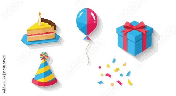 Obraz Birthday Celebration Icons Cake Slice with Candle Party Hat Balloon Gift Box and Confetti Flat Design Vector Illustration