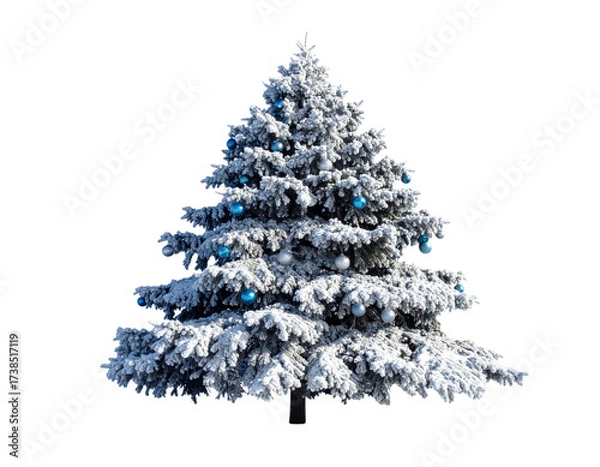 Fototapeta Snow-Covered Christmas Tree with Blue and Silver Ornaments on White Surface, Minimalist Winter Theme,And transparent the background.