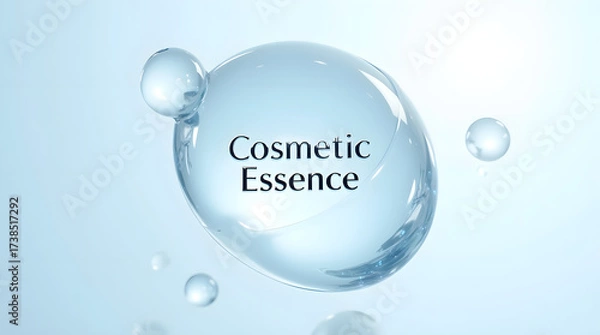 Fototapeta A close-up view of a water droplet featuring the text 'Cosmetic Essence,' showcasing a clean and modern aesthetic.