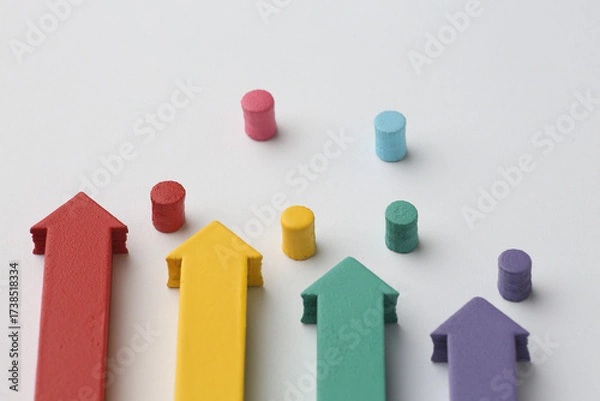 Fototapeta Multicoloured arrows pointing up and down. Symbolise growth progress, success in business finance. 