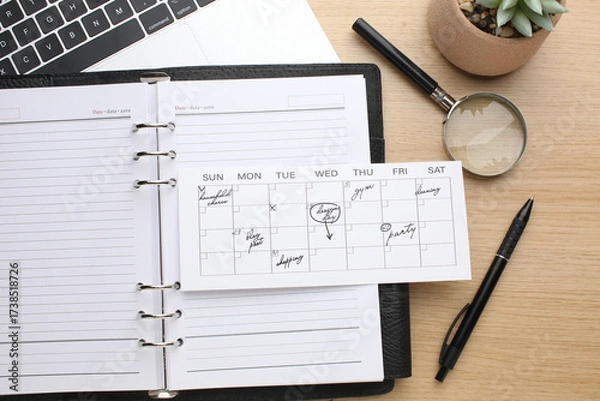 Fototapeta Desktop calendar on a modern desktop. Schedule and time planning in office and business.