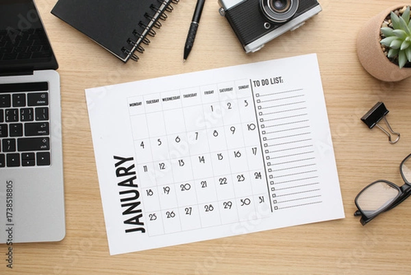 Fototapeta Desktop calendar on a modern desktop. Schedule and time planning in office and business.