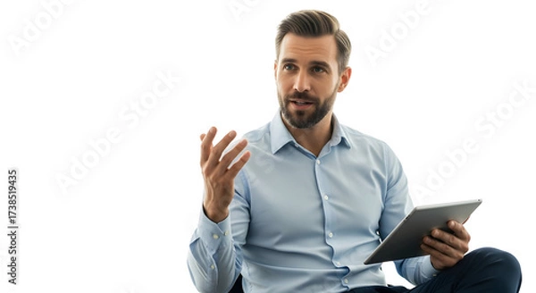 Obraz Business Professional Man Explaining Ideas While Holding a Tablet