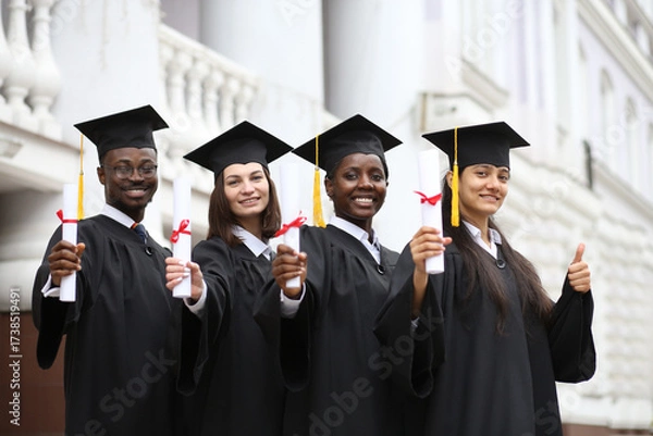 Fototapeta Portrait of a group of smiling happy multiracial international graduates students hugging and having fun in a university graduate gown and holding diploma outdoor. Education and graduation concept.