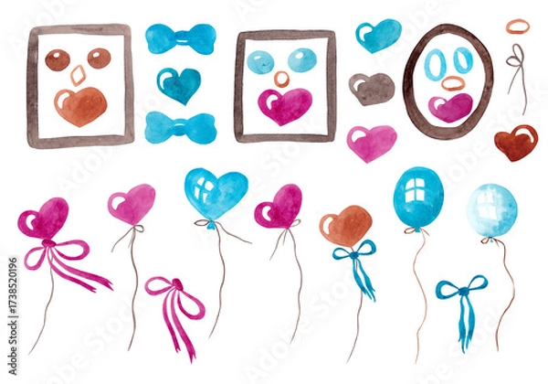 Fototapeta A large set of watercolor elements for your design: multi-colored balloons on strings, hearts, beads, and frames