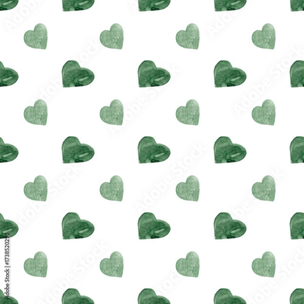 Fototapeta Green watercolor hearts. Simple seamless pattern. Hearts background