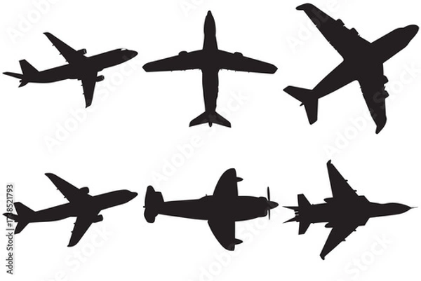 Obraz Airplane Silhouette Vector Collection – Passenger Jet, Flying, Takeoff, Landing, Propeller, Fighter Jet