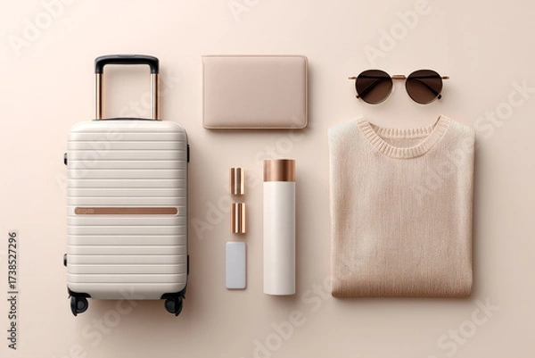 Fototapeta Luxury travel essentials showcase with smart suitcase, elegant clothing, and minimalist accessories for sophisticated wanderers