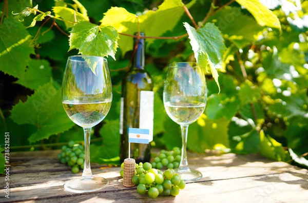 Fototapeta White Wine with Argentina flag. Fresh Grapes on Rustic Table in Lush Vineyards. Two glasses of white wine, bottle on wooden table in green grapevines. Fresh grapes, Argentina wine background banner.