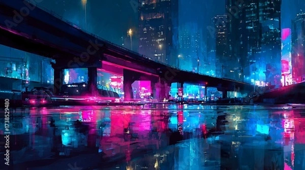 Obraz Neon-lit cityscape reflecting in a pool, under a highway bridge at night