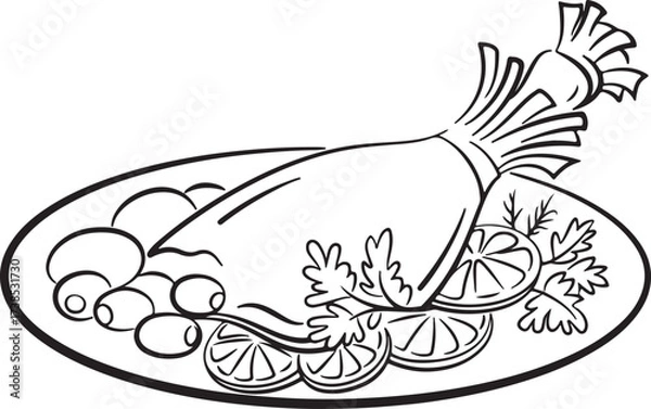 Fototapeta Chicken Leg with Garnish and Decorations, Cherry Tomatoes, Olives, Lemons and Parsley on a Platter. Black Contours Isolated on White Background. Vector

