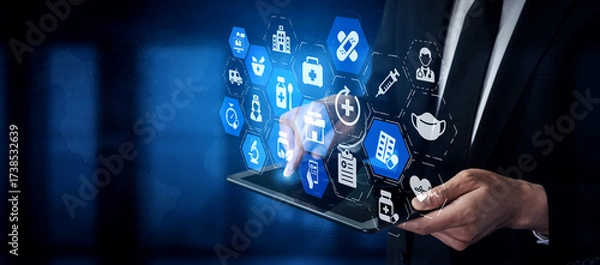 Fototapeta Online pharmacy icons showing medicine, healthcare, prescription and medical services with digital pharmacy, online drugstore, telemedicine and modern pharmaceutical solutions. Entice