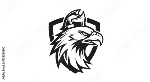 Obraz Striking eagle head with spartan helmet graphic emblem on shield background design
