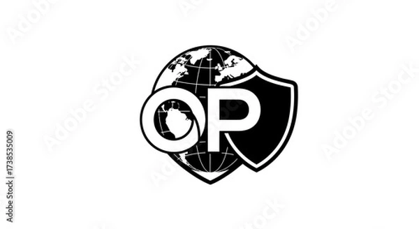 Obraz Monochrome logo depicting global network protection, featuring globe, shield, and letters OP