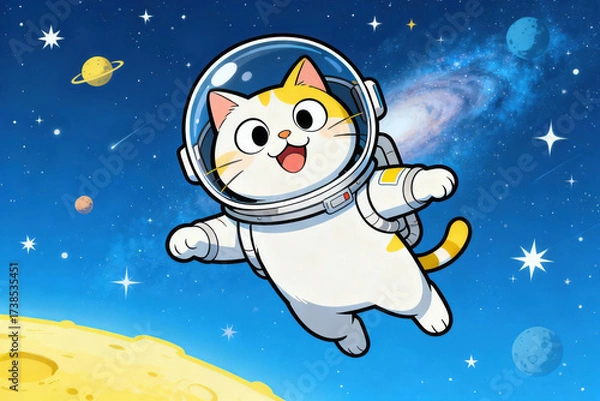 Fototapeta Cartoon cat in a space suit joyfully floating in outer space with stars, planets, and a galaxy in the background near the moon