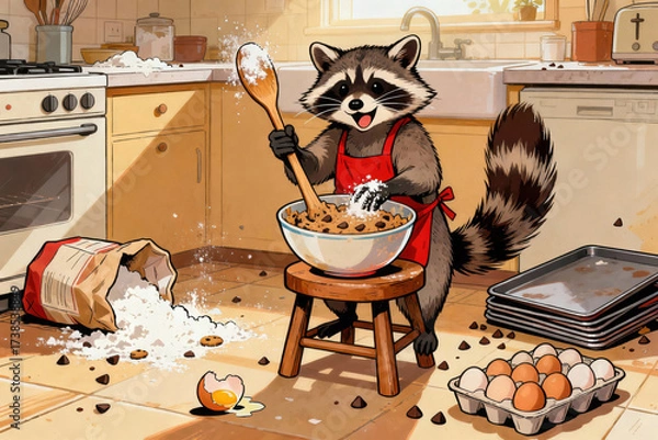 Fototapeta Cartoon raccoon wearing a red apron happily baking cookies in a messy kitchen, stirring dough in a large bowl with flour, eggs, and chocolate chips scattered around