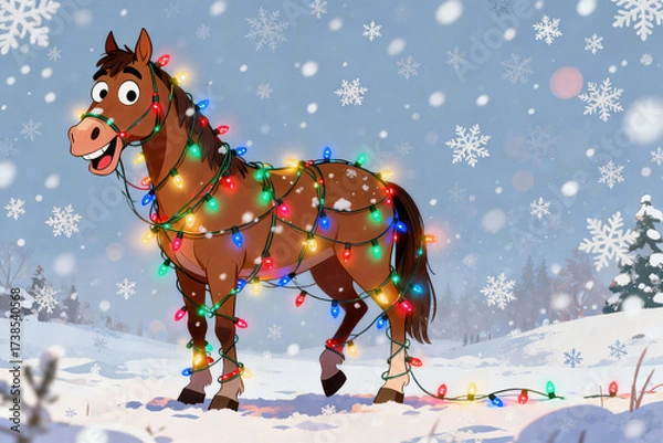 Fototapeta Cheerful cartoon horse tangled in colorful Christmas lights, standing in a snowy winter landscape with falling snowflakes and a joyful expression