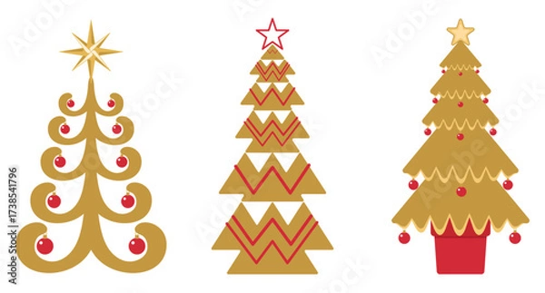 Fototapeta Set of Three Modern Geometric Golden Christmas Trees Icons