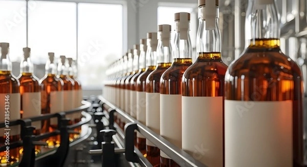 Fototapeta Whiskey Bottles Lined Up on Conveyor Belt with White Labels in a Distillery Factory