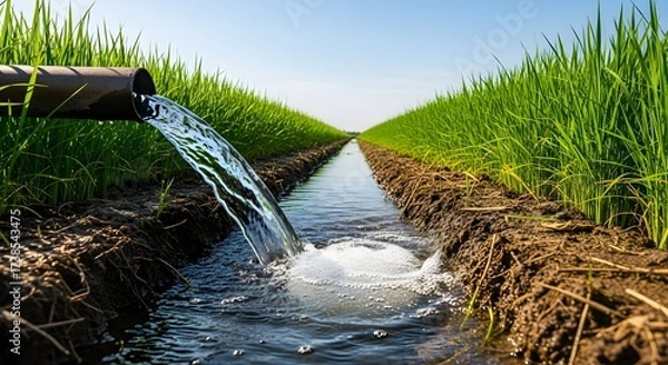 Fototapeta Irrigation System Flowing Water in a Rural Setting for Agriculture and Cultivation
