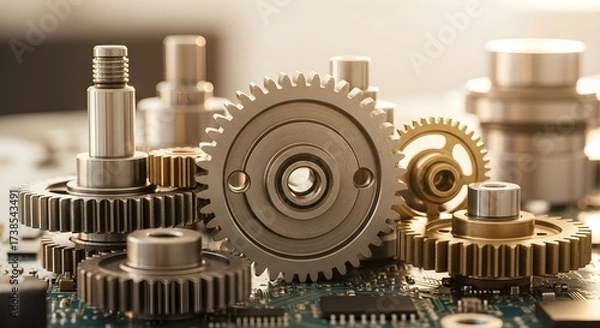 Fototapeta Mechanical Gears and Precision Components on Circuit Board Engineering, Technology, and Design