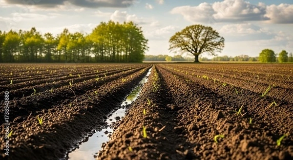 Fototapeta Freshly Cultivated Field Rich Soil, Seedlings, and Springtime Greenery Under Open Sky
